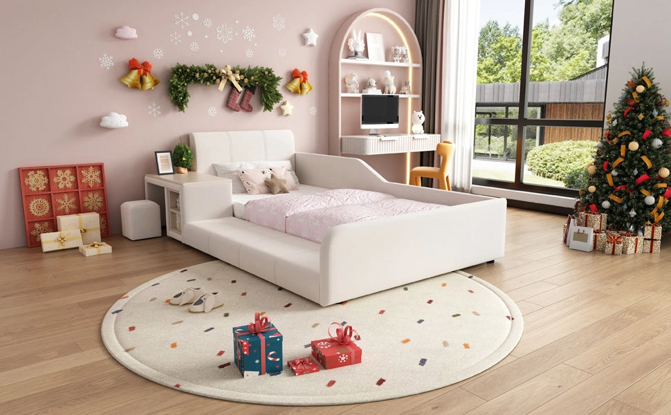 Letto imbottito per bambini con scrivania; sgabello e ripiano; velluto bianco; 90x200 cm; senza materasso
