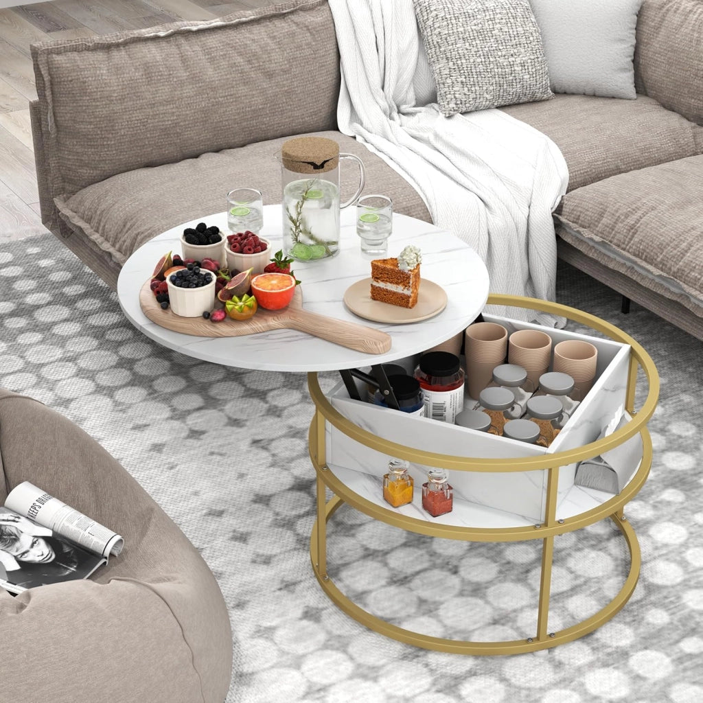 Tavolino da Caffè con Piano Sollevabile, Tavolino da Salotto Rotondo 80 cm a 2 Ripiani con Contenitore Nascosto e Ripiani Laterali, Ideale per Soggiorno, Studio e Ufficio