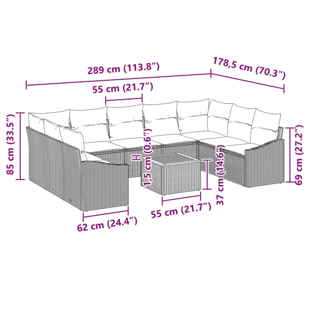 Set Divano da Giardino con cuscino 10 pcs Nero polyrattan