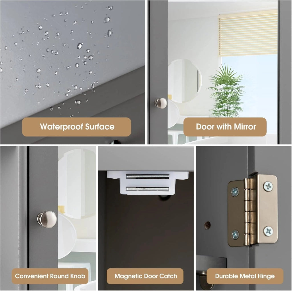 Armadietto Bagno a Parete, Mobiletto Pensile in Legno con Ante di Specchio, 6 Scomparti Laterali e 4 Ripiani di Stoccaggio, 3 Colori Disponibili, 65x17x64cm (Grigio)