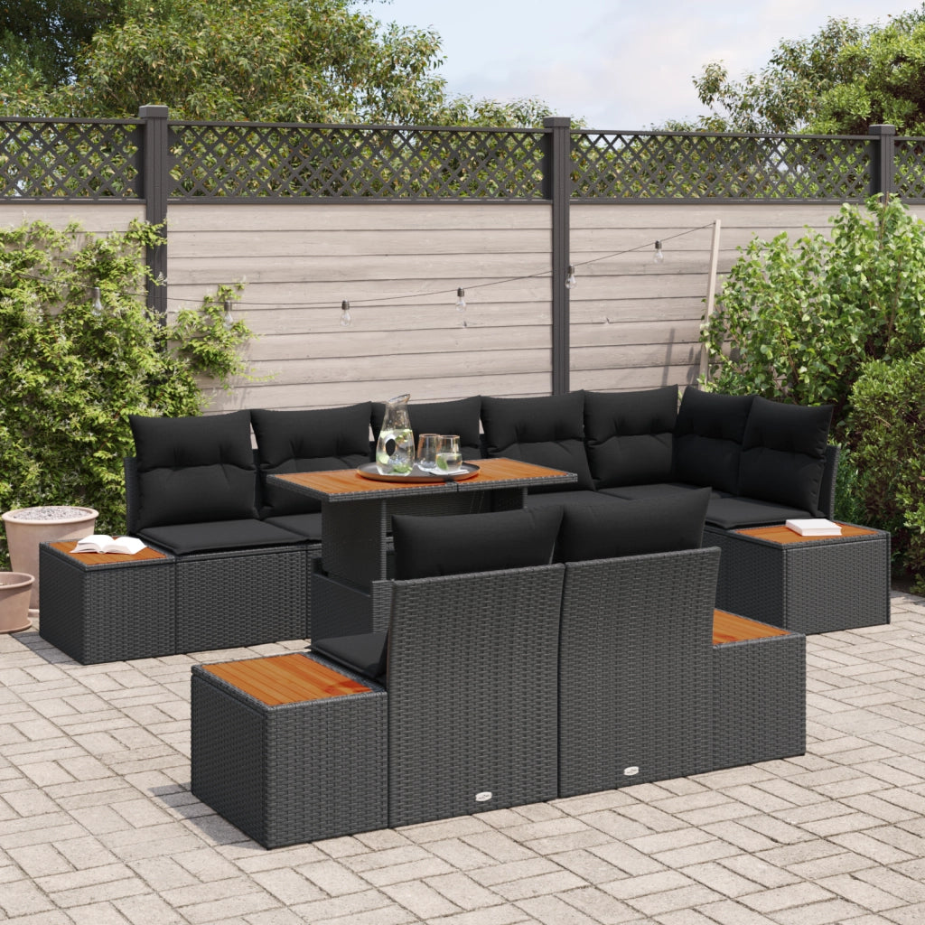 Set pranzo giardino 9 pezzi con cuscini Nero Polyrattan Acacia