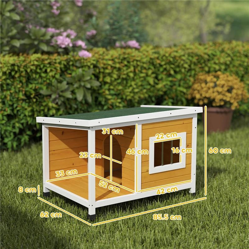 CUCCIA PER CANI DA ESTERNO IN LEGNO DI ABETE CON VERANDA COPERTA E TETTO INCLINABILE, 85.5X62X60 CM, MULTICOLORE