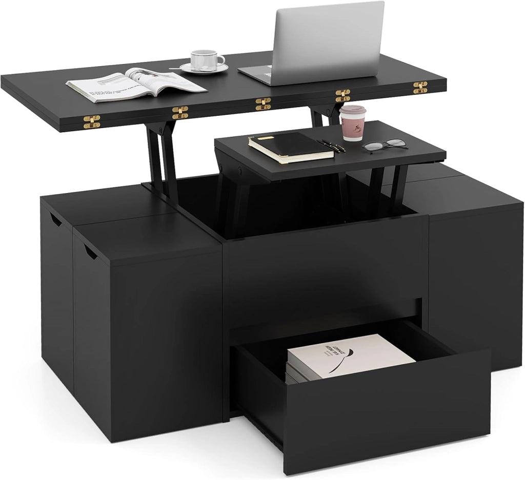 Tavolino con Piano Sollevabile e Pieghevole, Tavolino da Salotto 3 in 1 con 4 Sgabelli Contenitori, Scomparto Nascosto e Cassetto, Tavolo Rettangolare per 4-8 Persone (Nero)