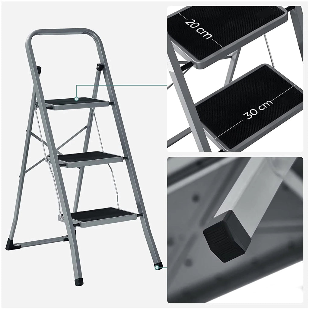 Scala domestica pieghevole a 3 gradini larghezza gradini 20 cm superficie antiscivolo con corrimano portata 150 kg acciaio grigio 12_0005324