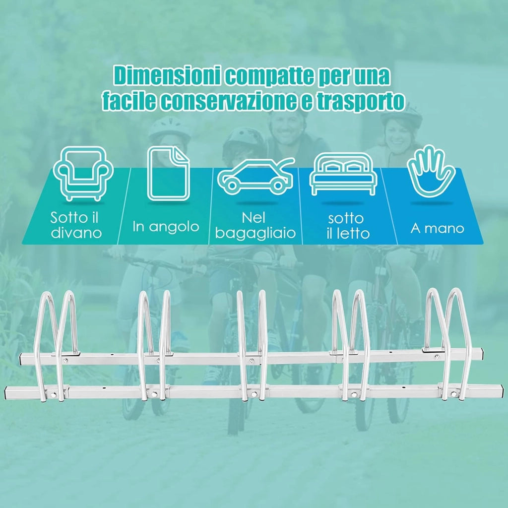 Rastrelliera per Biciclette, Portabiciclette Parcheggio Organizzatore per 4/5/6 Bici, Parcheggio per Biciclette, Telaio d'Acciaio (Argento, 5 Bici)
