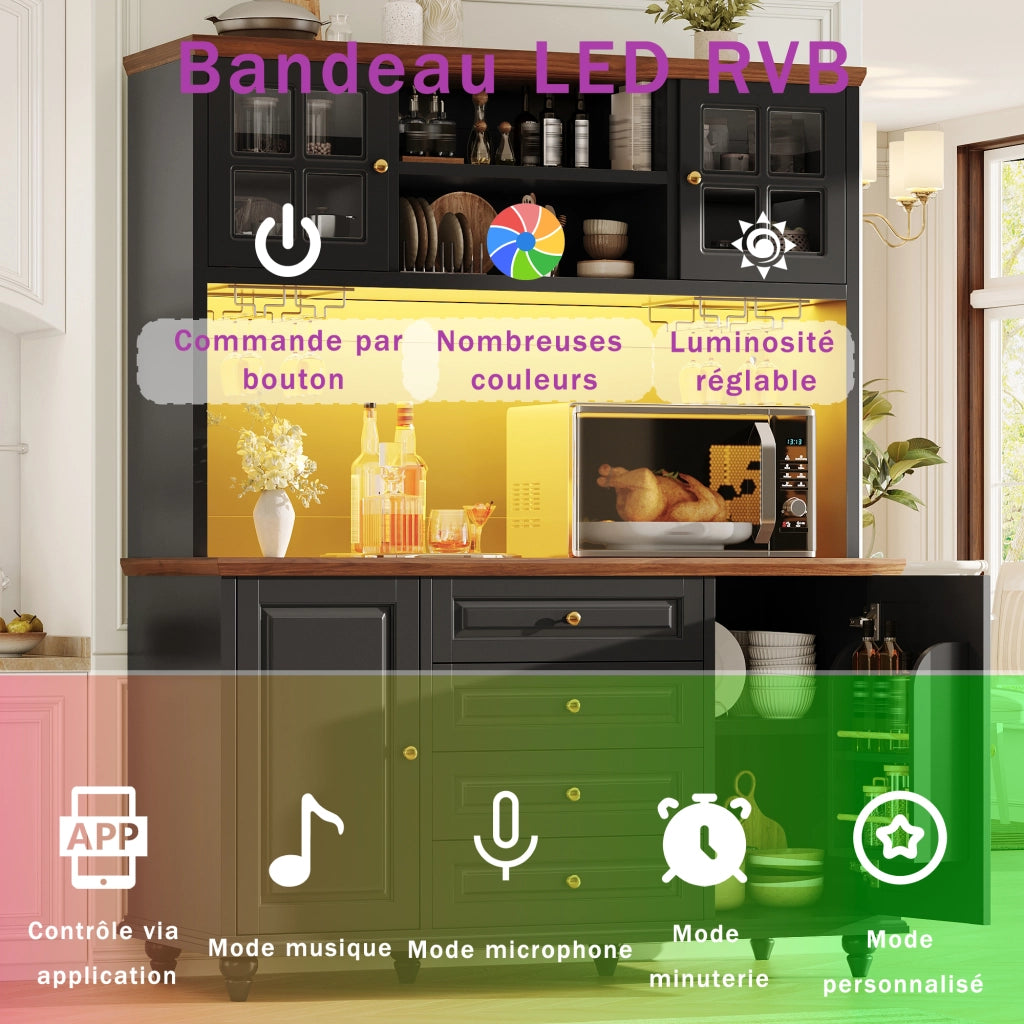 Colonna da cucina con 4 cassetti; ripiani regolabili; porta bicchieri e illuminazione RGB LED; 140 × 40 × 179;5 cm