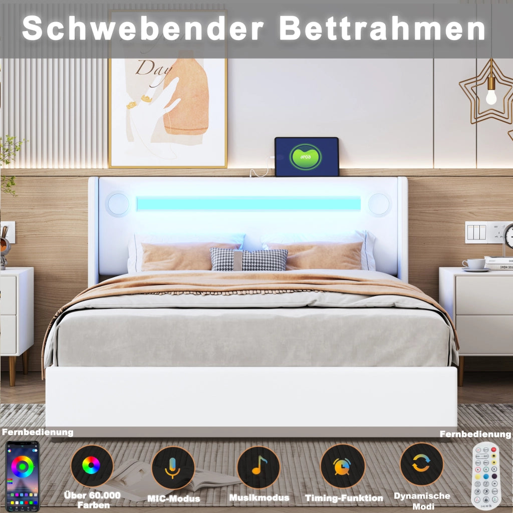 OKWISH Letto Contenitore 160×200 cm, Letto Matrimoniale con LED, Bluetooth, USB e Tipo C, senza Materasso, in Ecopelle, Bianco
