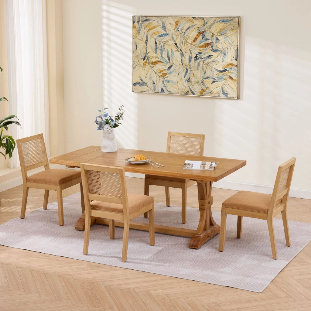 Set di 2 sedie da pranzo, schienale in vimini, stile rustico, struttura in legno, seduta imbottita, color legno naturale e marrone chiaro