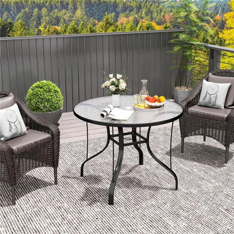 TAVOLINO DA GIARDINO ROTONDO CON FORO PER OMBRELLONE, IN METALLO E VETRO TEMPERATO, Ï96.5X71 CM, NERO