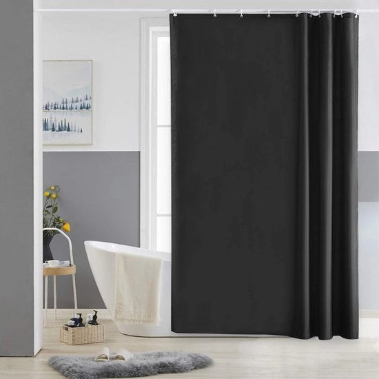 Douchegordijn, nero, resistente alla muffa, tessuto in poliestere, lavabile, piccoli tendaggi per la doccia, impermeabile, per vasca da bagno o bagno, con 10 ganci, 150 x 200 cm