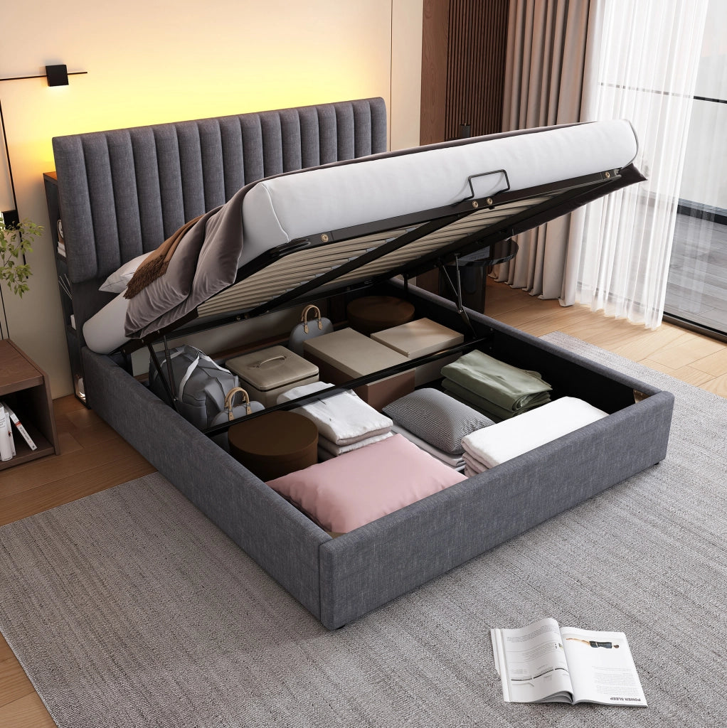 Letto matrimoniale imbottito 160x200 cm con contenitore; LED controllato da app; grigio in lino