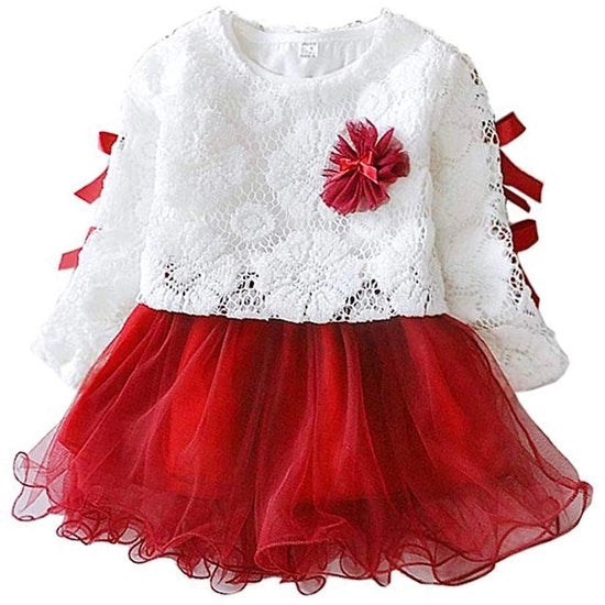 Abito da Festa per Bambina - Tela di Cotone/Poliester - Lunga Manica - Maglia a Maglia - Bordatura con Disegno di Fiori - Respirante e Leggero - Adatto per Eventi Speciali