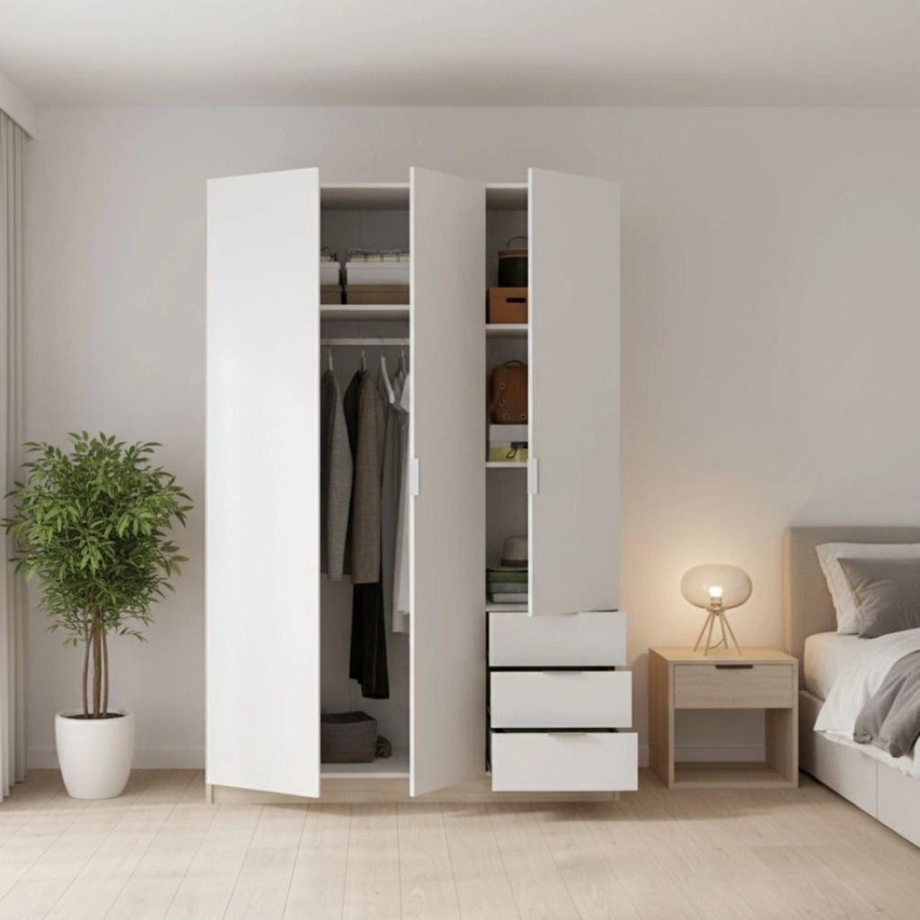 Guardaroba Astru, Mobile appendiabiti per camera da letto, Armadio a 3 ante battenti e 3 cassetti, 121x52h184 cm, Bianco e Rovere