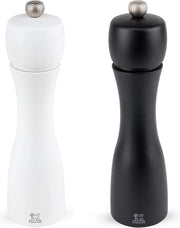 Set di macinapolvere da 8 pollici in nero e molitore da sale in bianco con design Tahiti stile.