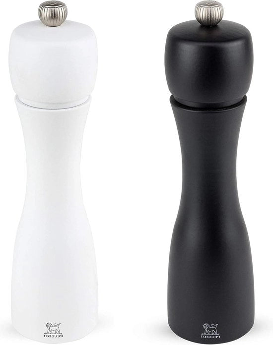 Set di macinapolvere da 8 pollici in nero e molitore da sale in bianco con design Tahiti stile.