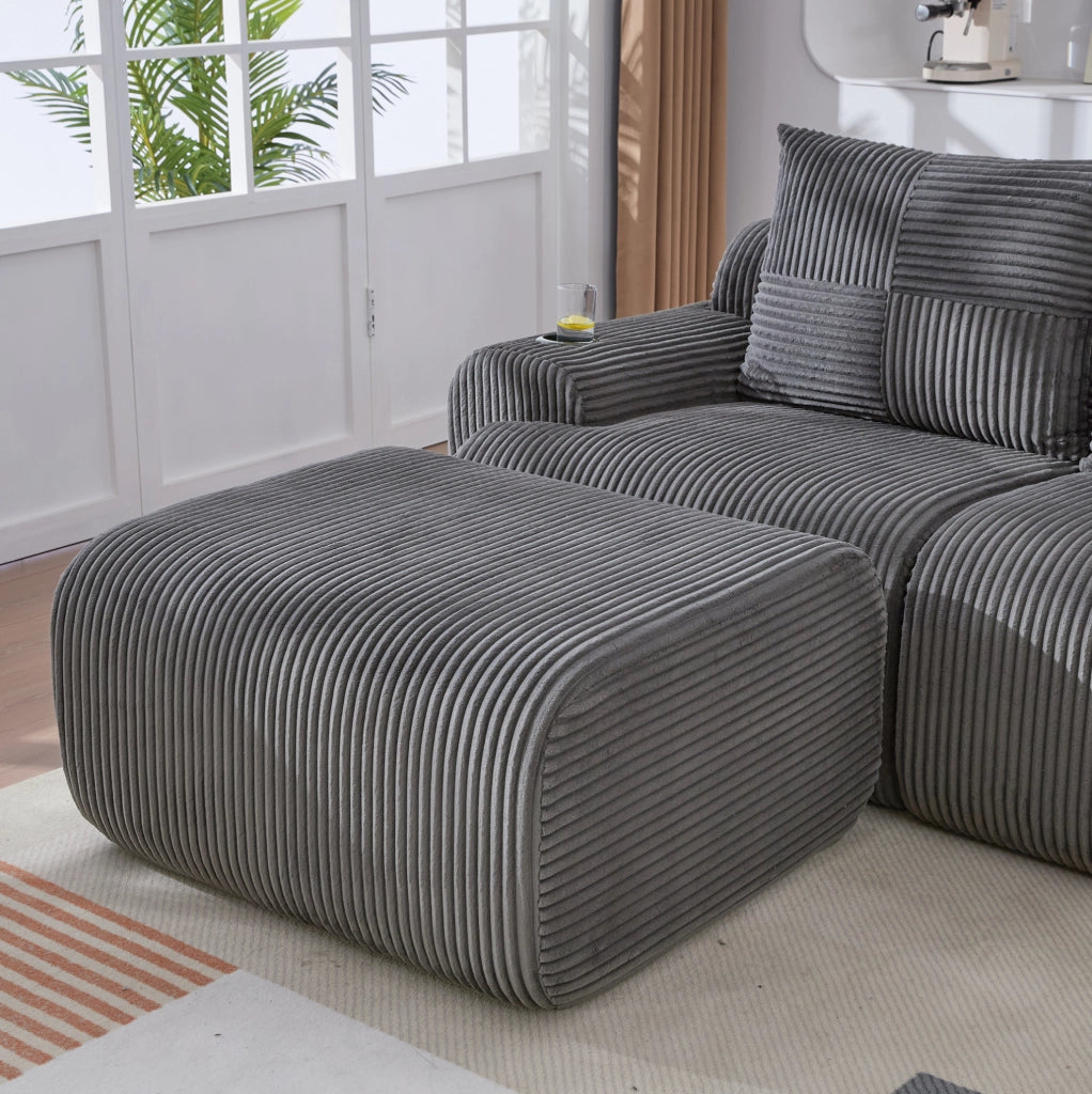 Divano modulare a 3 posti in corduroy con portabicchieri e tasca laterale; grigio scuro 268x174x66 cm