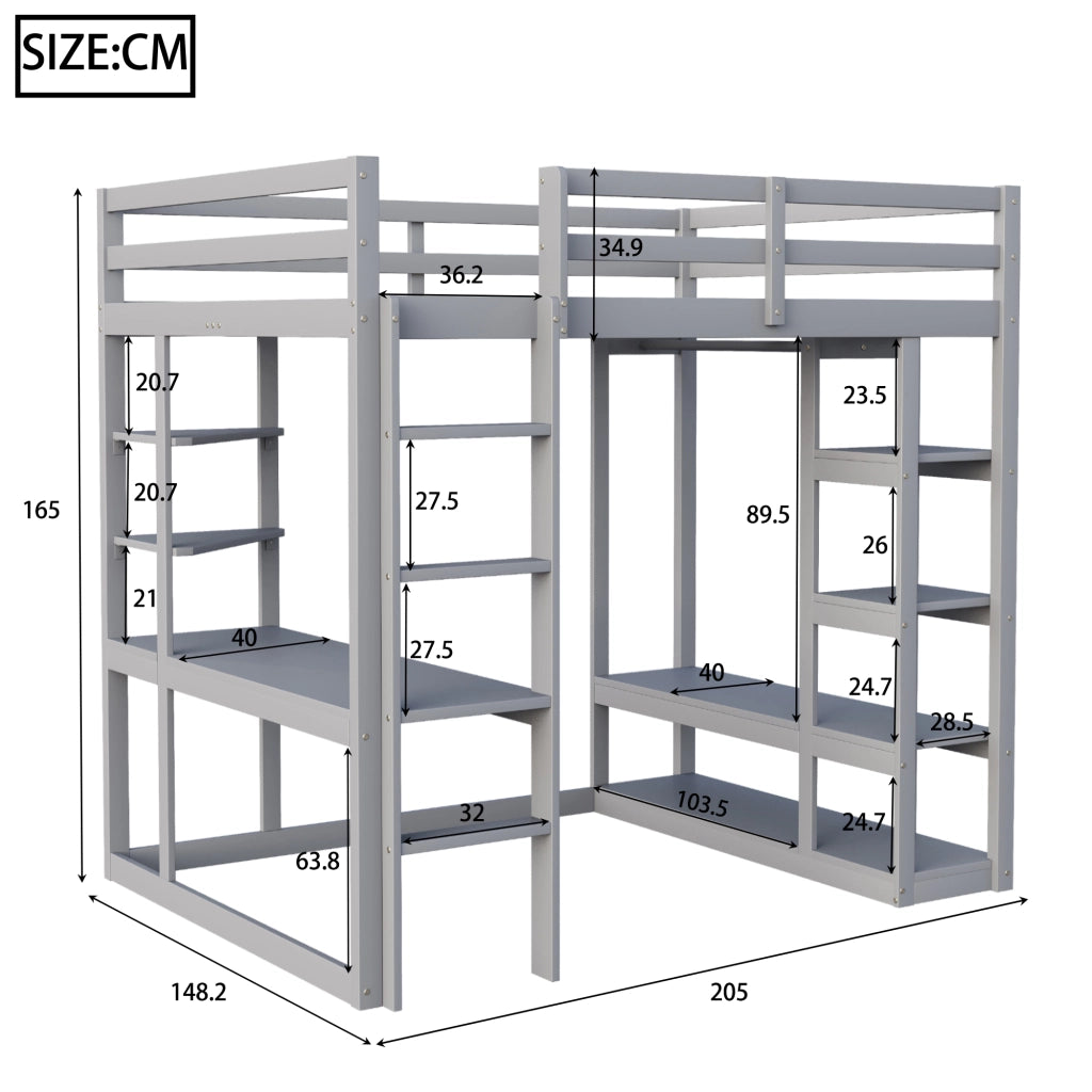 OKWISH Letto a Soppalco 140×200 cm, Letto Matrimoniale con Scrivania, Mensole e Appendiabiti con Aste, senza Materasso, in Legno, Grigio