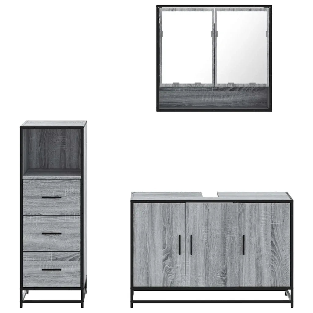 Set Mobili da Bagno 3 pz Grigio Sonoma in Legno Multistrato
