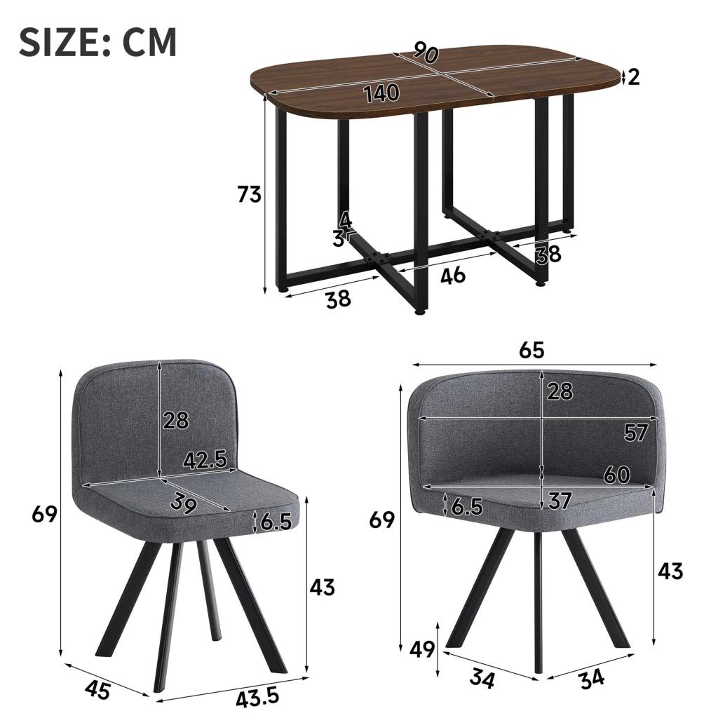 Set da pranzo con finitura effetto legno, composto da 6 sedie in tessuto di lino e un tavolo da pranzo (140 x 90 cm), grigio e noce