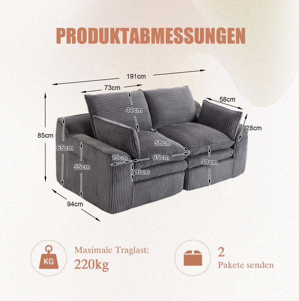 Divano 2 posti ULEVR 191x94x85 cm in velluto a coste grigio scuro con tasche laterali e cuscini