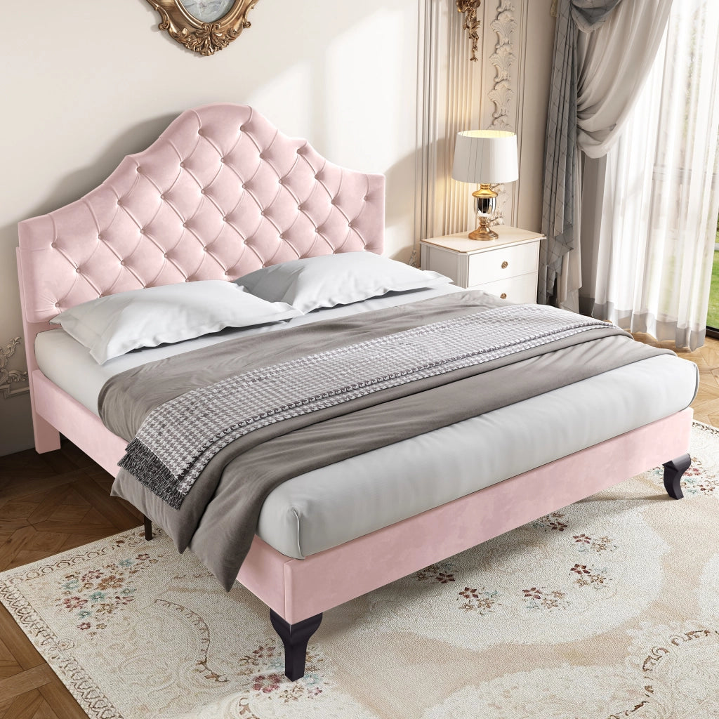 Letto matrimoniale imbottito 140 x 200 cm in velluto rosa con testiera regolabile e rete inclusa