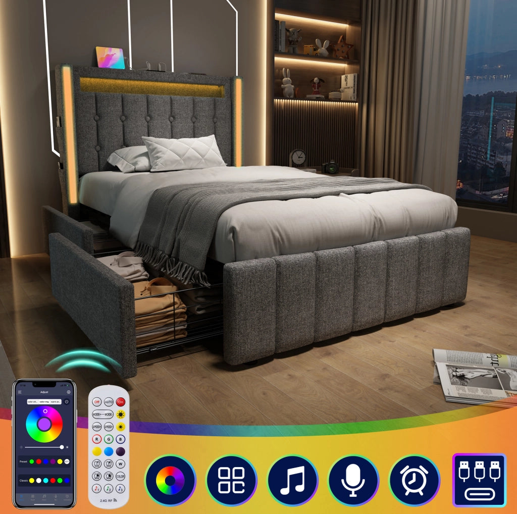 Letto singolo imbottito 90x200 cm con materasso, LED e USB-C