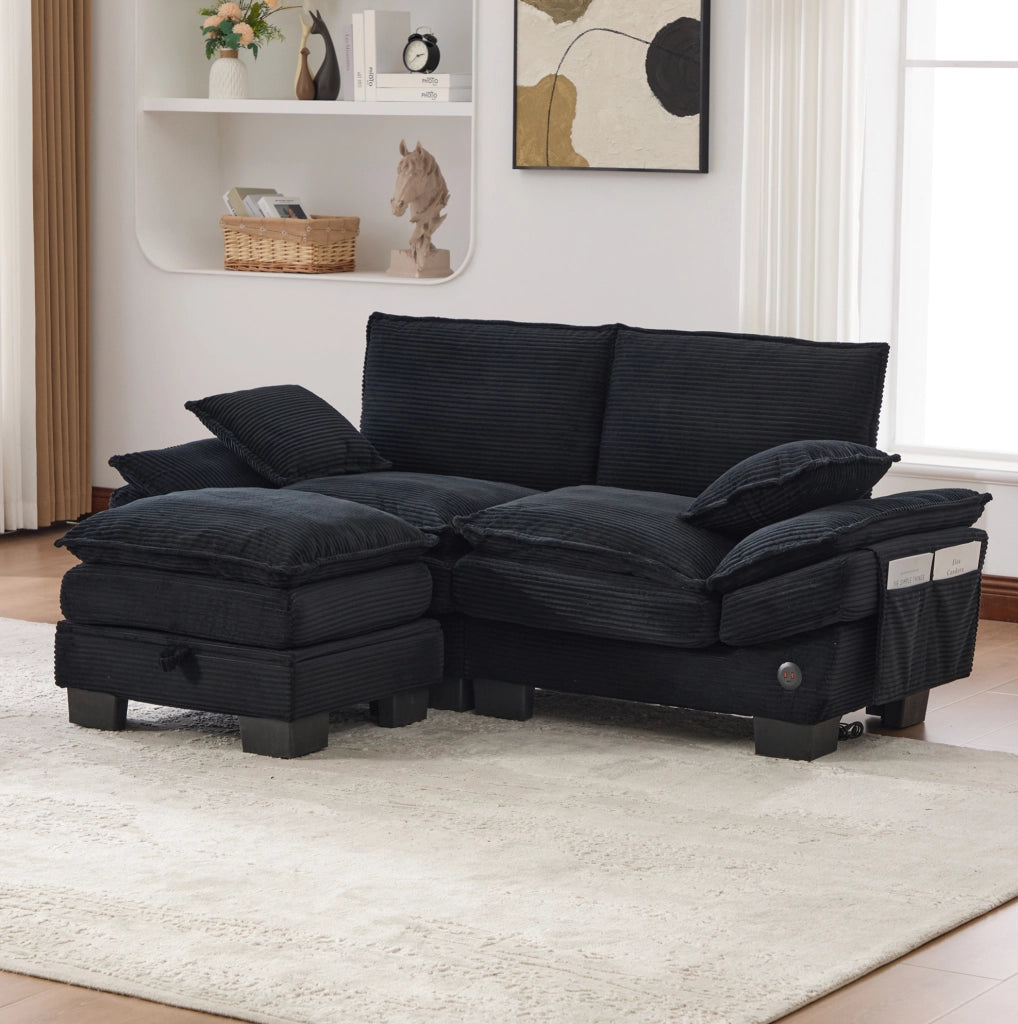 Divano 2 posti ULEVR con pouf contenitore, USB-C e tasche laterali, velluto a coste nero, 190x132x84 cm