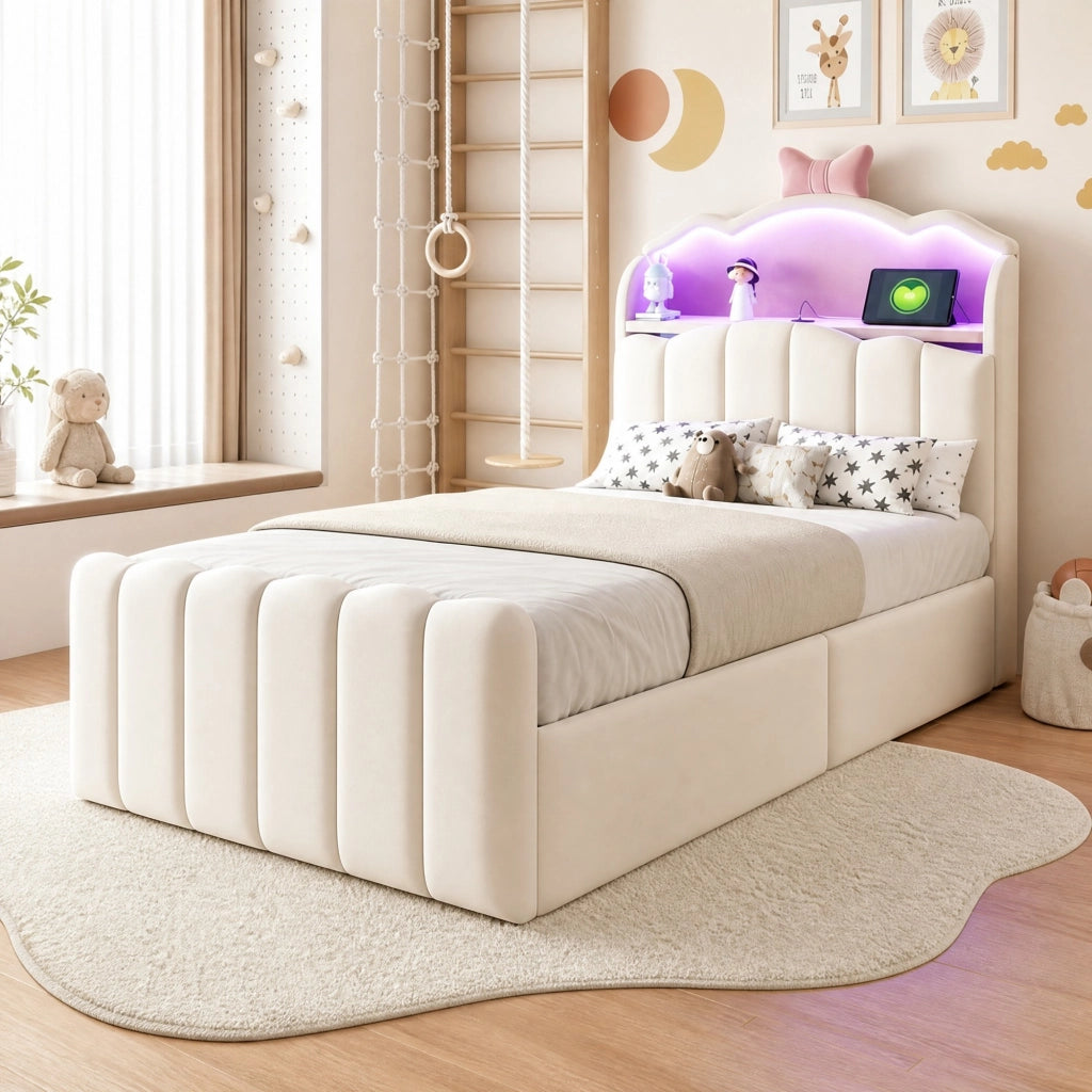 Letto per bambini 90 × 200 cm con contenitore idraulico, LED a colori, USB e USB-C, senza materasso, beige