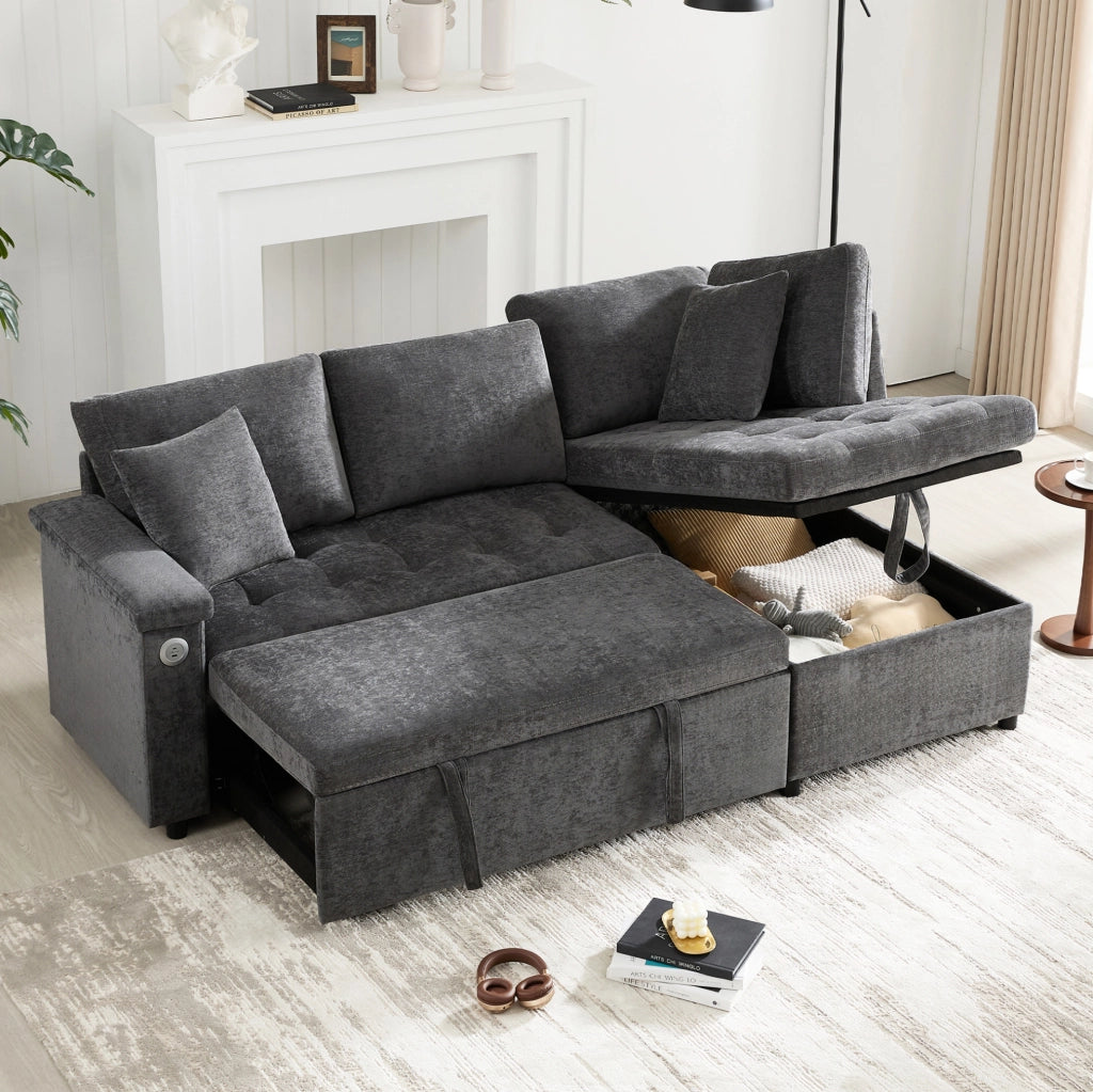 Divano angolare a destra in chenille con letto estraibile; contenitore; USB e portabicchieri; grigio scuro