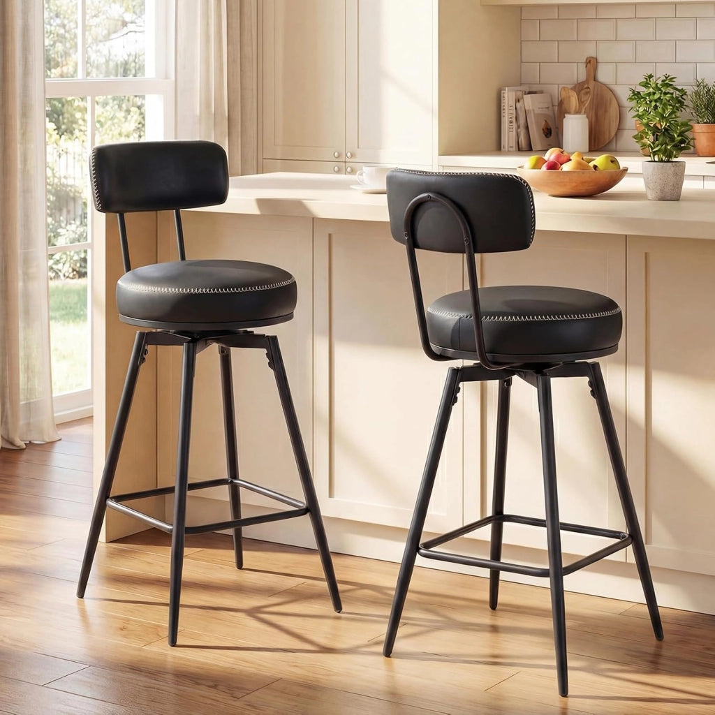 Set di 2 Sgabelli Girevoli, Sedie da Bar Moderne con Schienale Imbottito, Poggiapiedi e Gambe in Metallo, Sgabelli Imbottiti in Similpelle per Isola Cucina e Sala da Pranzo (Nero, Rotondo)