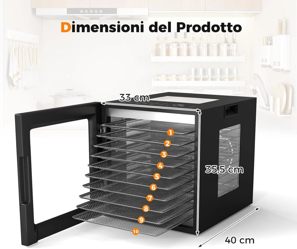 850W Essiccatore Alimentare, Disidratatore per Cibo in Acciaio Inox con 10 Vassoi, 10 Programmi, Timer e Temperatura da 30-75℃, Accessori Inclusi, per Frutta, Verdura e Carne