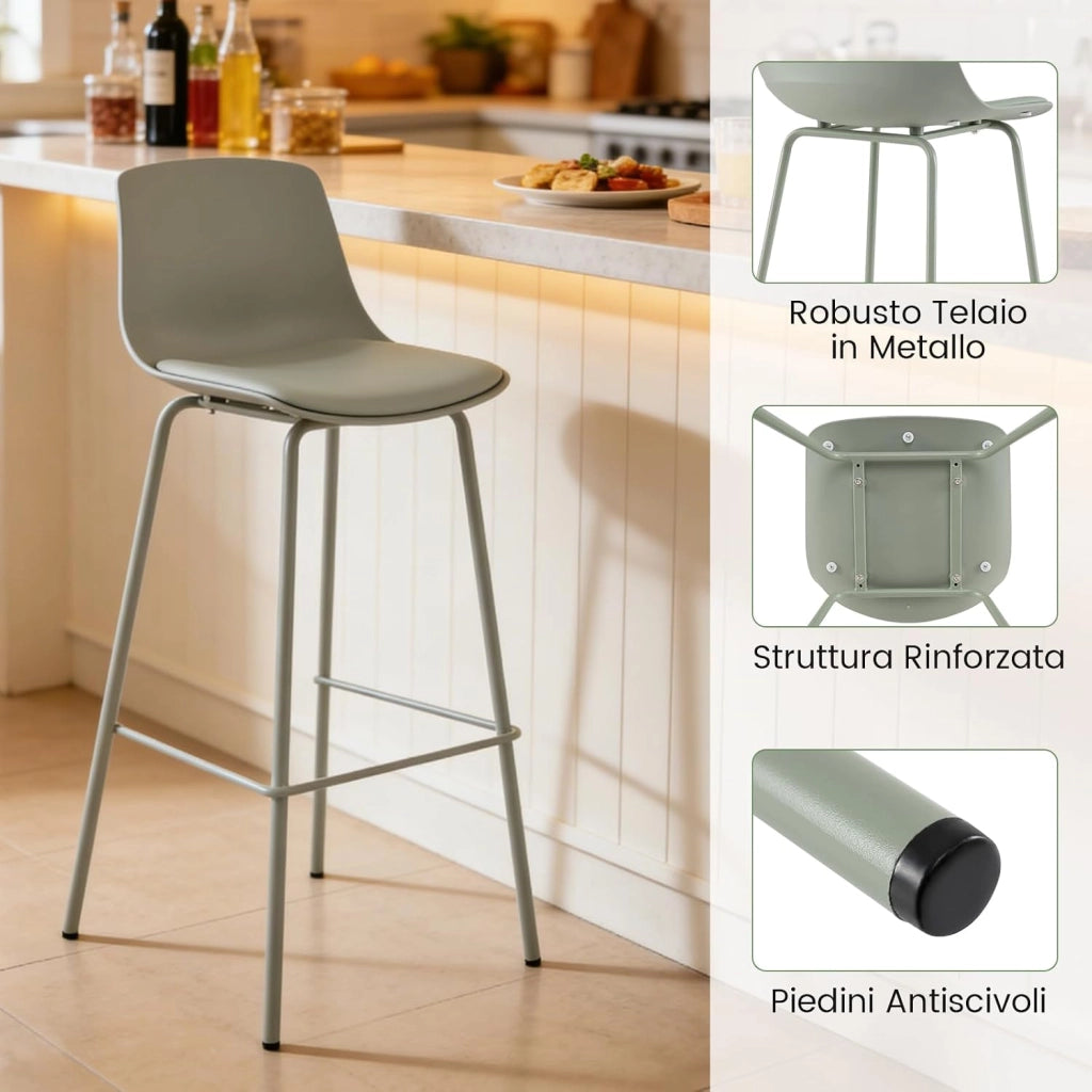 Set di 4 Sgabelli da Bar in Ecopelle con Schienale e Poggiapiedi | Sedie Alte con Sedili Imbottiti Morbidi, Gambe in Metallo, Stile Moderno per Isola Cucina e Sala da Pranzo, Portata 180 kg