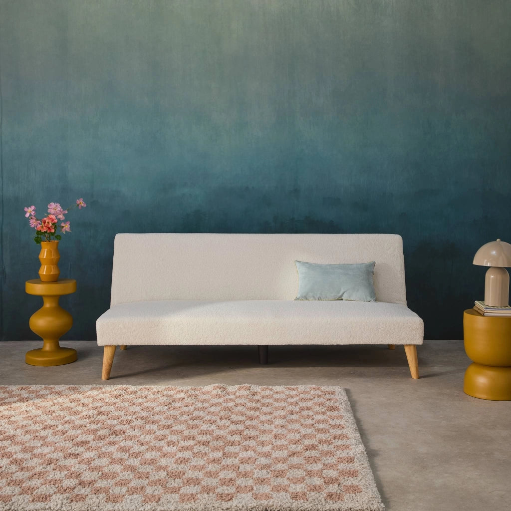 Divano panca convertibile in tessuto bouclé con gambe in legno, 3