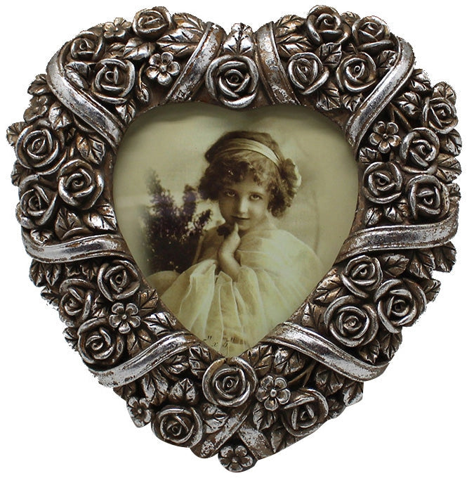 Biscottini Portafoto da appoggio a cuore in resina finitura argento anticata L18xPR2,5xH18 cm