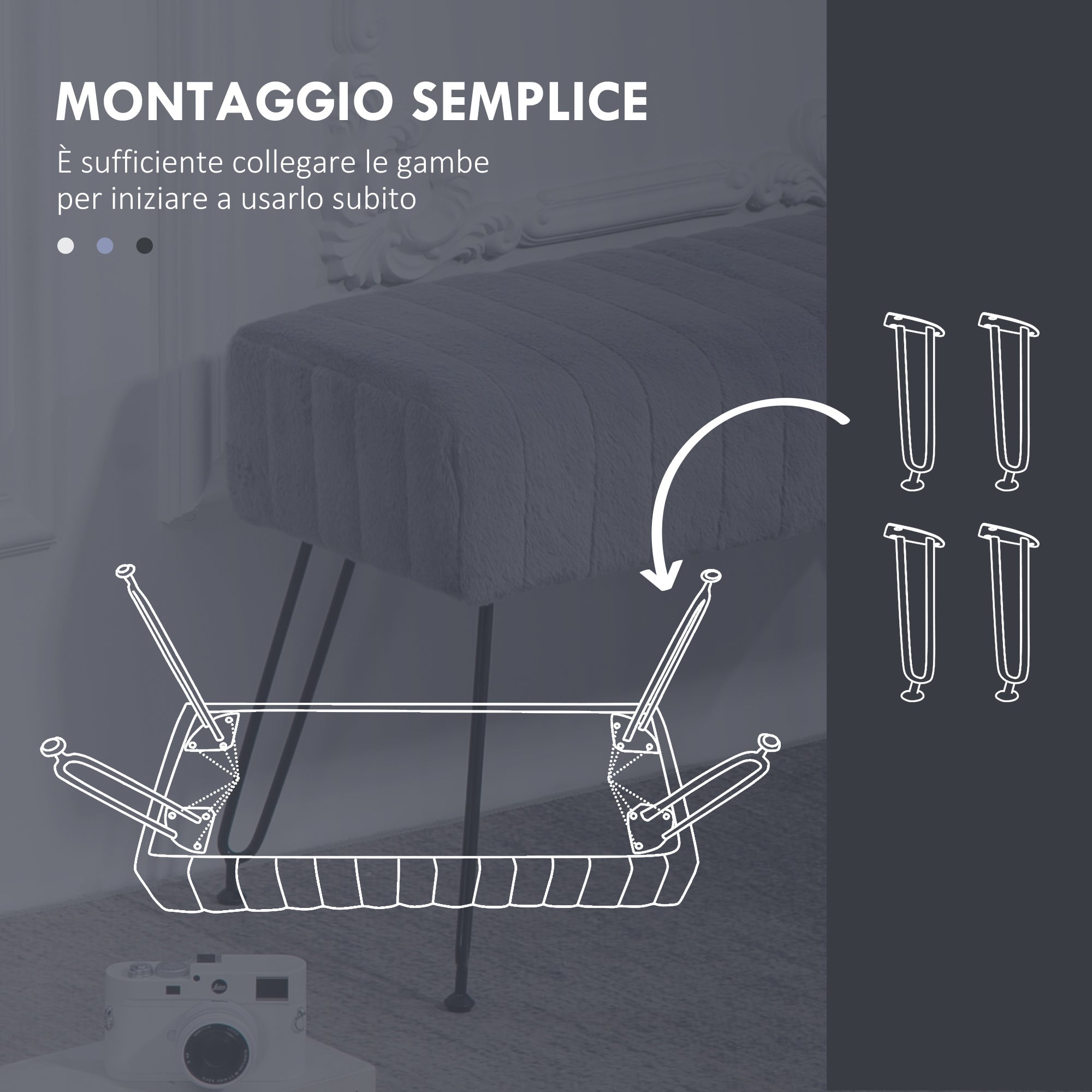Panca Fondo Letto Imbottita 82x30x47 cm Pelliccia Sintetica Grigia