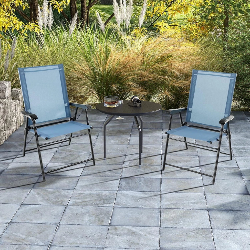 Set di 2 sedie da giardino pieghevoli, pieghevoli, con schienale alto e bracciolo, resistenti alle intemperie, in metallo e tessuto, portata fino a 150 kg (azzurro)