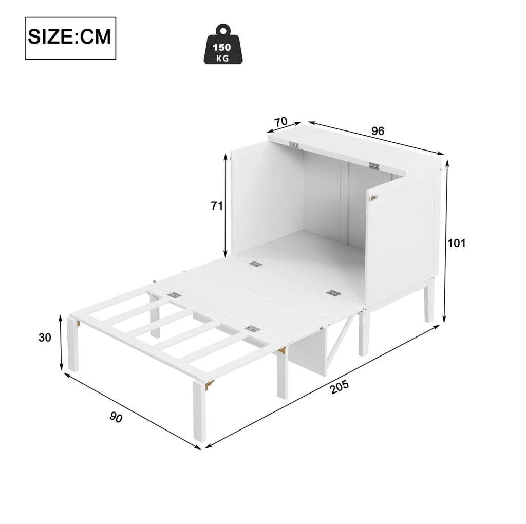Letto a scomparsa verticale 90x200 cm bianco; design salvaspazio in legno