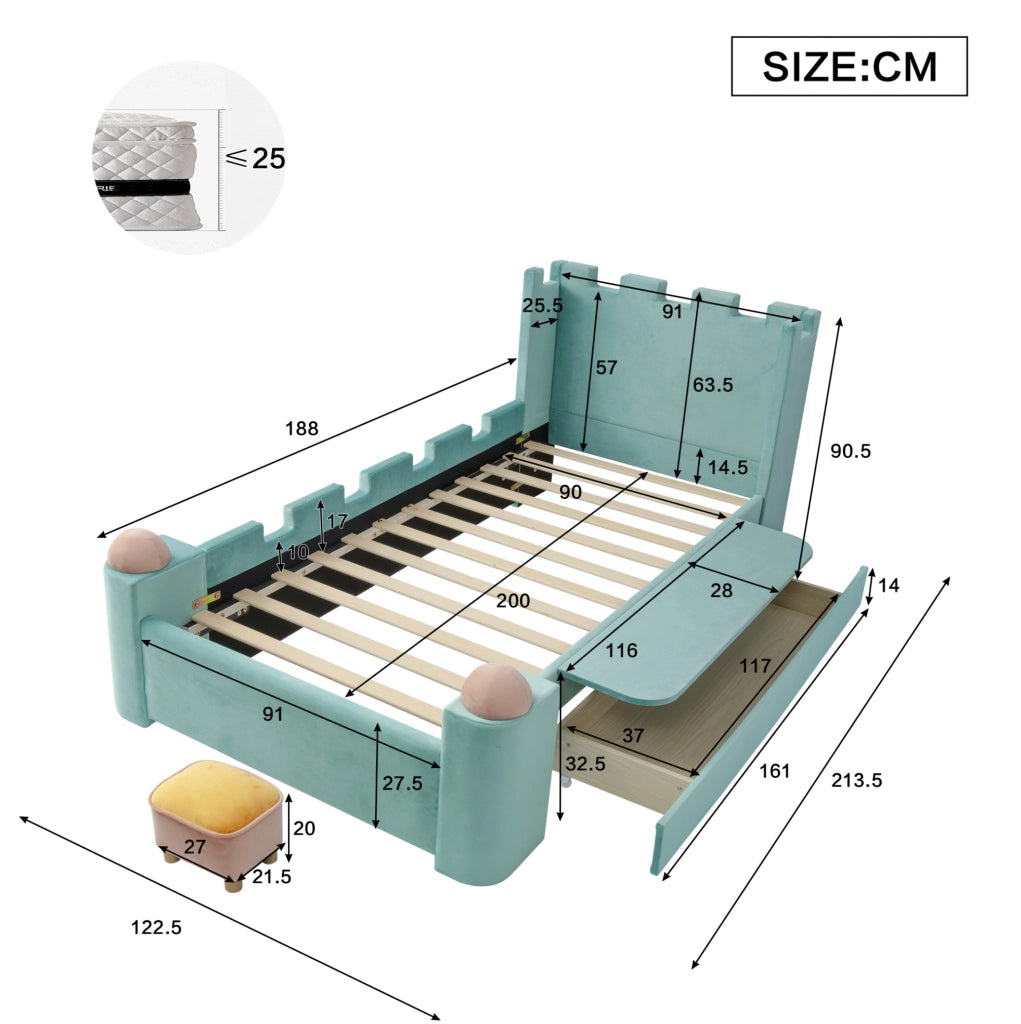 Letto imbottito 90x200 cm con mensola pieghevole e cassetto contenitore in velluto blu verde