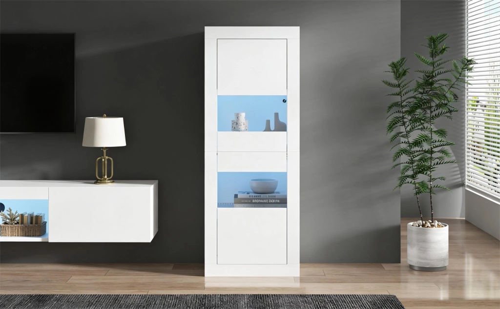Vetrina con Illuminazione LED ¨C Xylo ¨C Bianco, Ripiani in Vetro, 61x42x162 cm