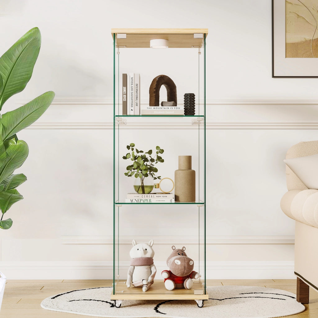 Vetrina in vetro con led e 1 anta, 3 ripiani, per soggiorno e camera da letto, natural, 124.5 × 49.0 × 11.7 cm