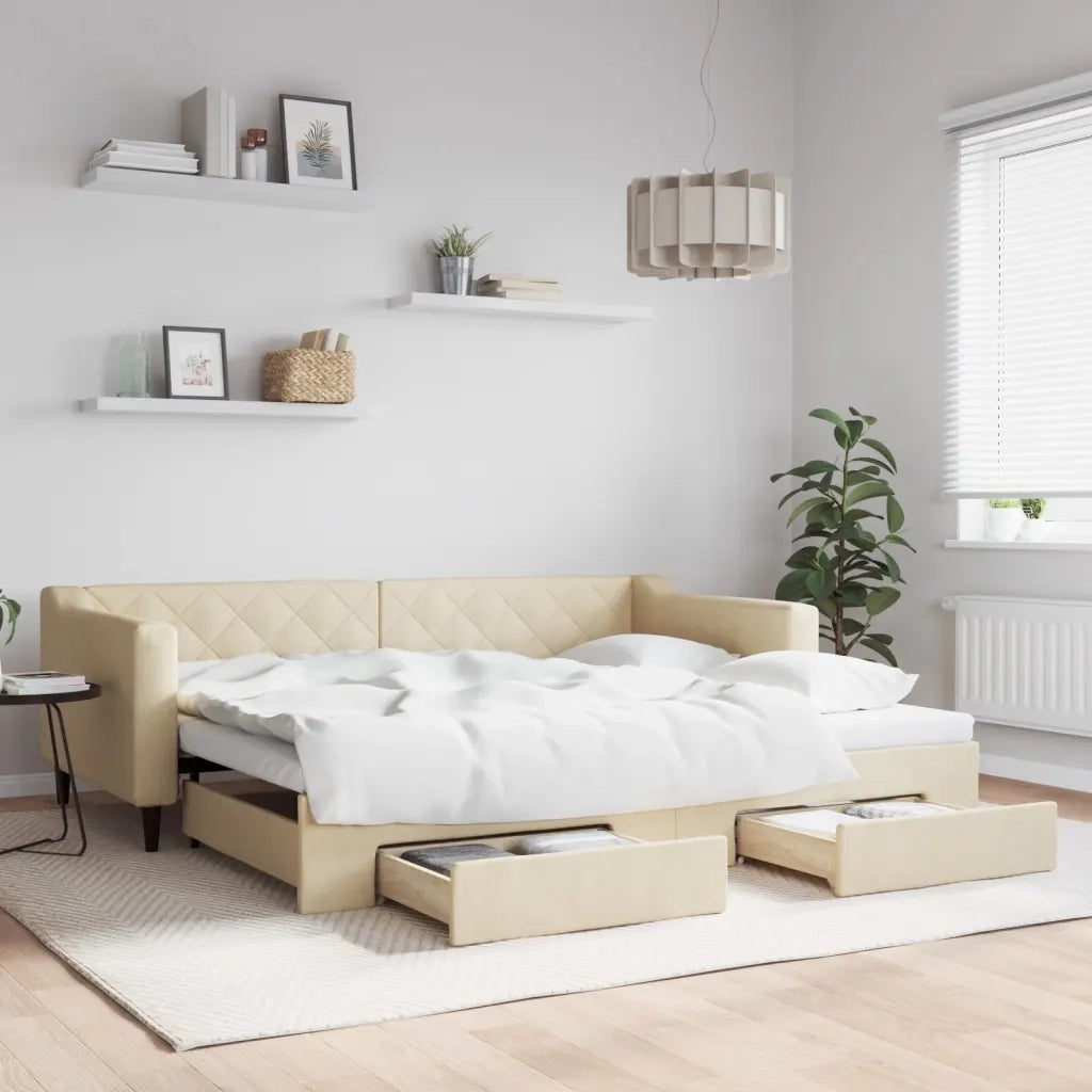 Divano letto | Sof¨¤ letto | Letto singolo Estraibile con Cassetti Crema 90x200 cm in Tessuto