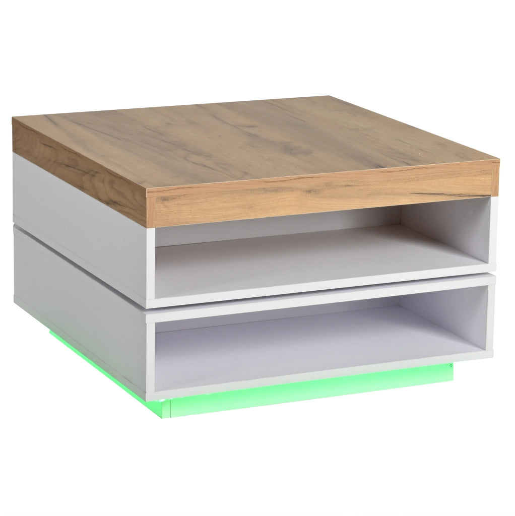 Tavolino da caffè 65x65x40 cm con piano girevole a 360° e LED; MDF; bianco e naturale