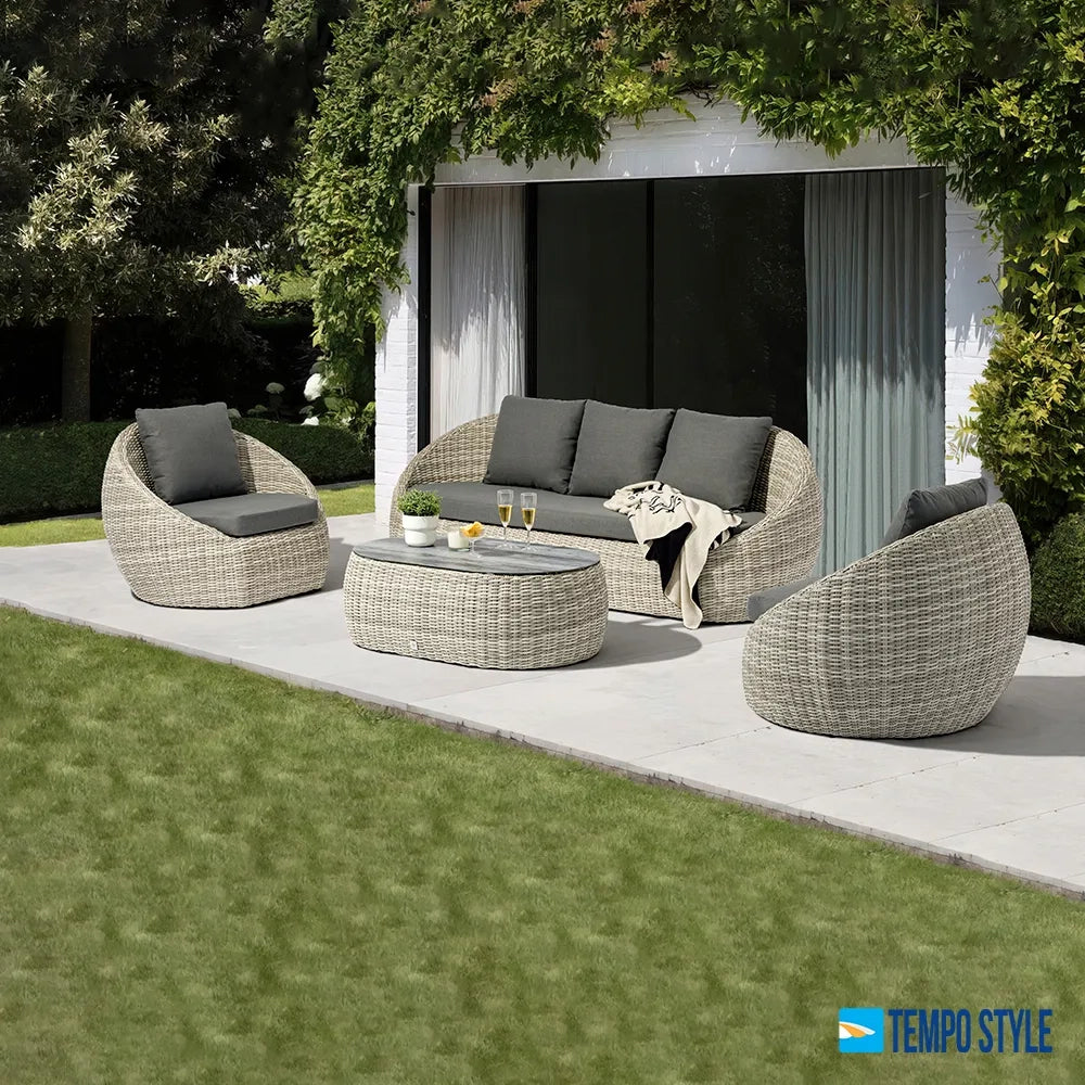 Tempo Style - Salottino Lounge in polyrattan SANTORINI PLUS grigio-mélange | Lounge da giardino con divano, tavolo, 2 poltrone e cuscini | Set di mobili da giardino da 5 persone