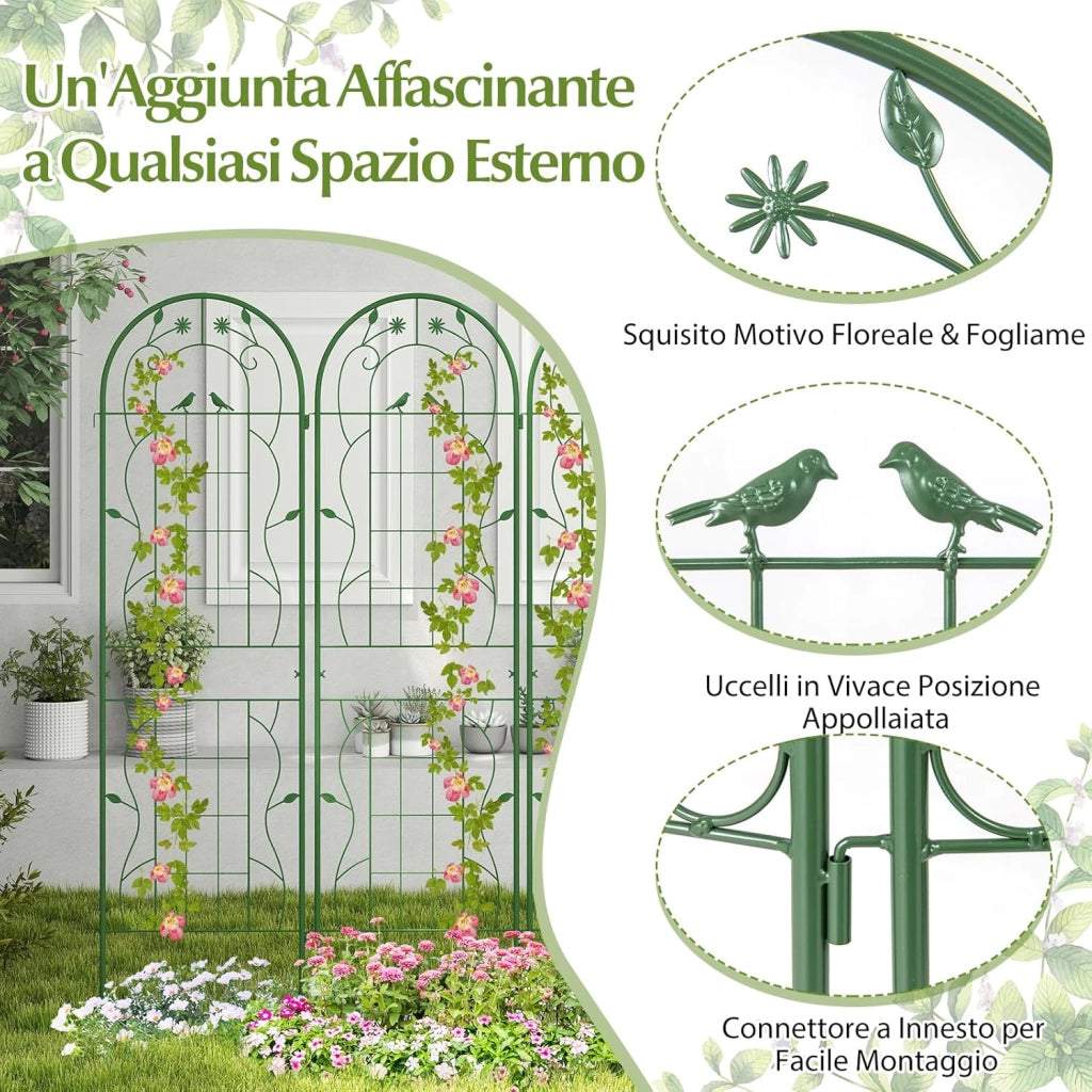 Traliccio da Giardino in Metallo 180 x 50 CM, 4 Pannello di Recinzione Antiruggine per Piante Rampicanti, Rose e Verdure, Decorazione Esterna per Giardino, Cortile, Patio (Verde)