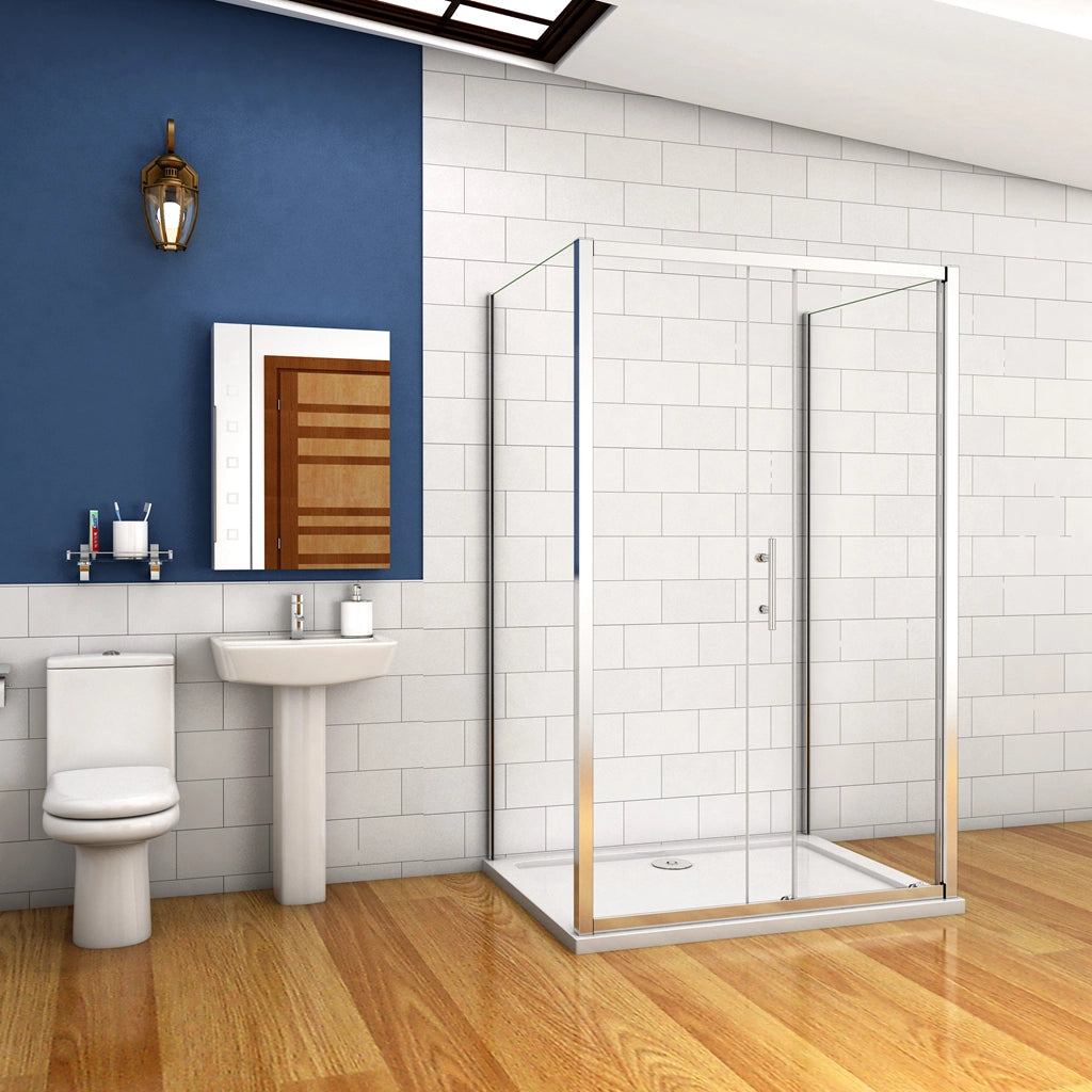 185 cm Box Doccia a Tre Lati Porta Scorrevole con Doppia Parete Fissa Vetro Temperato 5 mm Trasparente Telaio Cromato Lucido 76x120x76 cm
