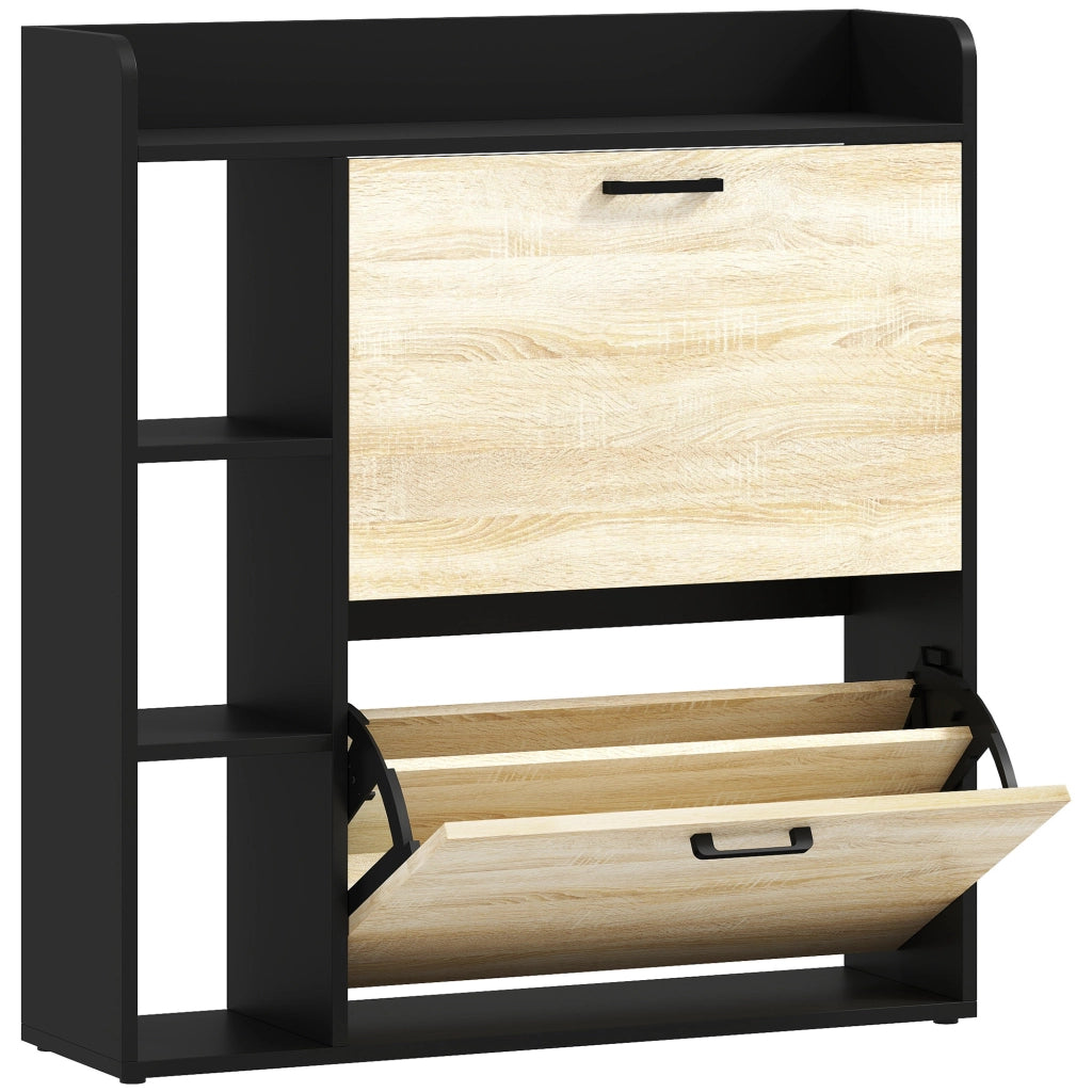 Scarpiera Slim 83x24x90.5 cm per 15 Scarpe con 2 Cassetti Ribaltabili e 3 Vani Aperti Nero