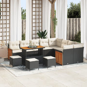 Set Divano da Giardino in 13 Pezzi con Cuscini Nero Rattan Polyrattan Acacia