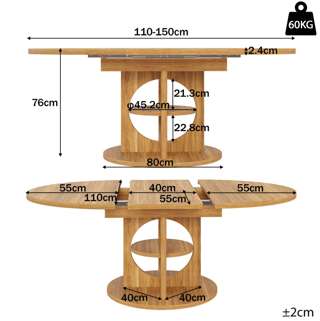Tavolo da pranzo allungabile 110/150x110x76 cm con vano portaoggetti in MDF naturale