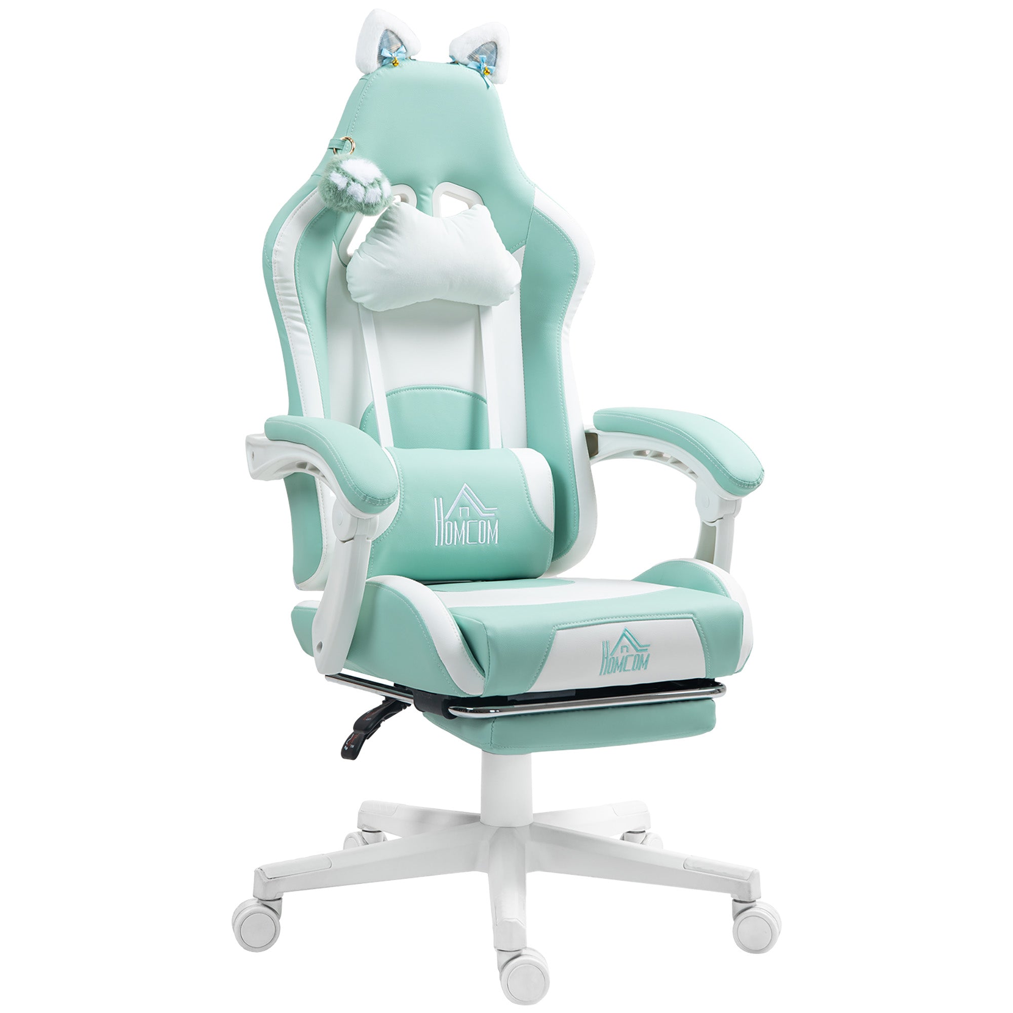 Sedia da Gaming Ergonomica con Orecchie da Gatto Poggiapiedi Retrattile e Schienale Reclinabile 135° Bianco e Azzurro