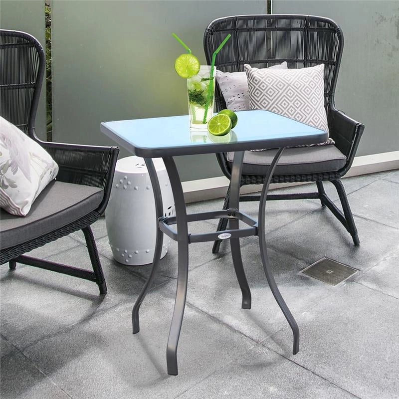 TAVOLINO MODERNO PIANO IN VETRO TEMPERATO, TAVOLO DA GIARDINO ESTERNO METALLO 68.5X68.5X84CM GRIGIO